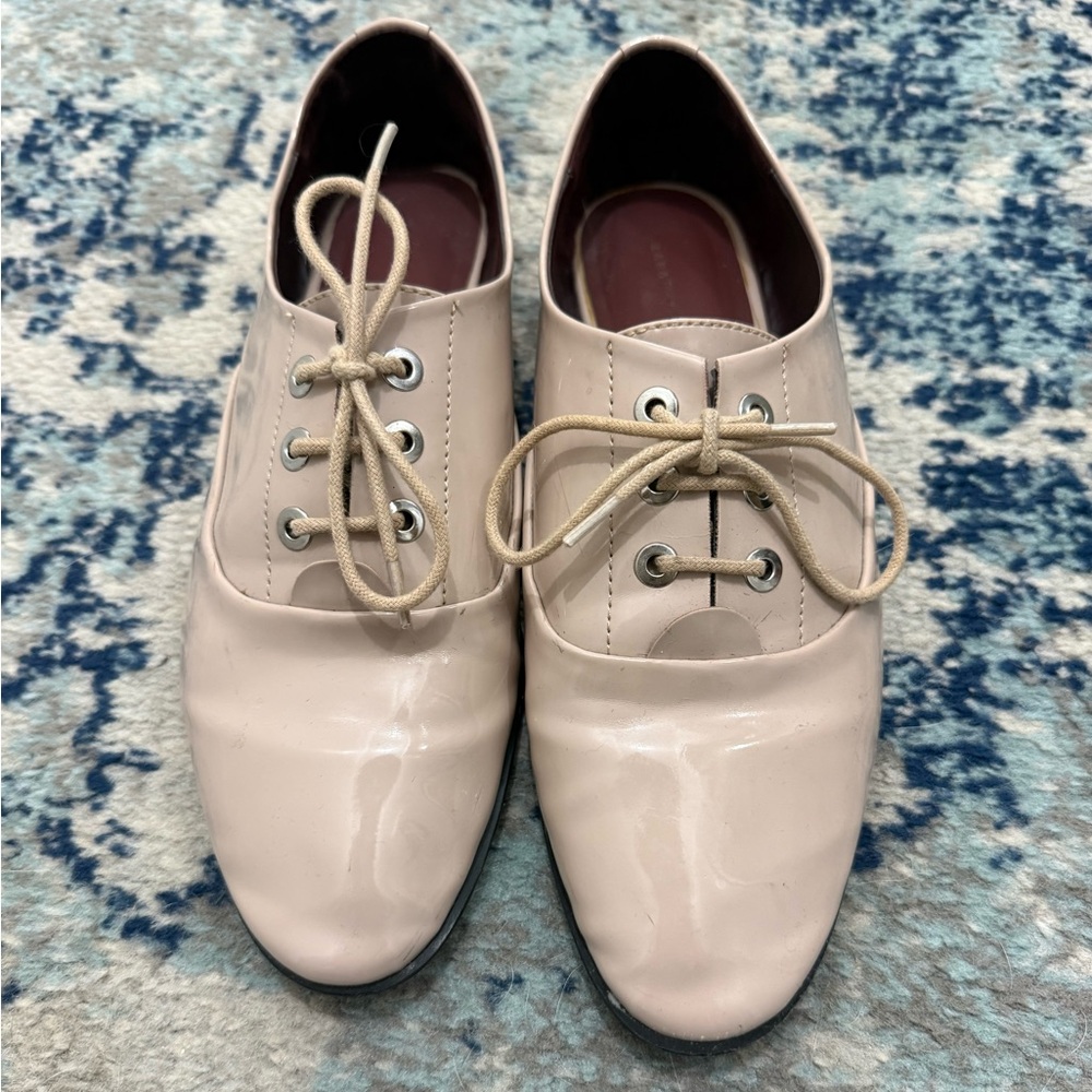 Zara Trafaluc Cream Lace-Up Patent Leather Women's Shoes Uk Size 39 US 8 EUC